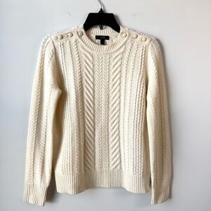 J. Crew Cable Knit Wool Sweater Cream S Button Shoulder Fisherman